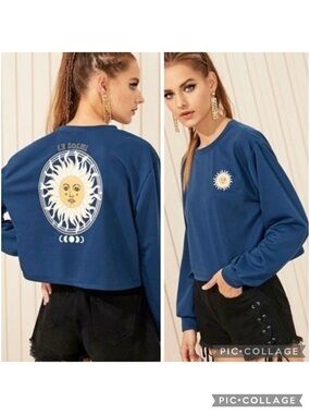 Le Soleil Blue Sun Print Terry Cloth Crop Sweatshirt S Streetwear Gorpcore